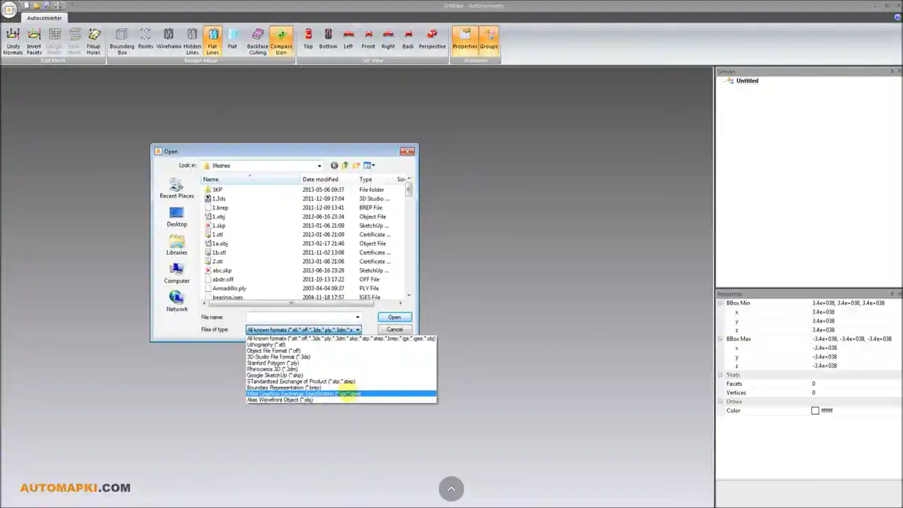 Convert IGES, BREP, STEP mesh model into SAT solid file format